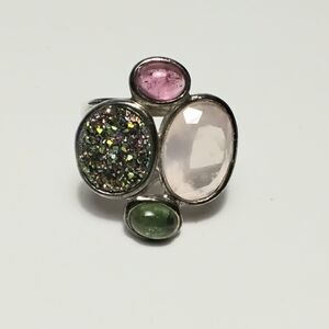 925 Silver Tourmaline & Druzy Quartz Ring  sz 9-1/2